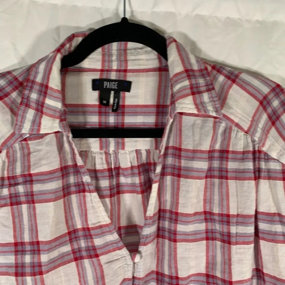 Paige Blouse Women’s Medium Plaid Short Sleeve Button Up Vneck Tie Top - Picture 4 of 9
